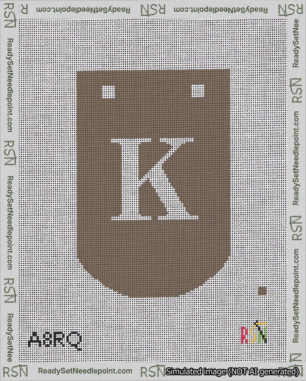 A taped needlepoint canvas with the design: Banner 18 mesh count Curved K White on Brown.