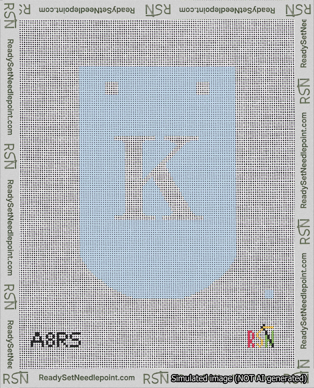 A taped needlepoint canvas with the design: Banner 18 mesh count Curved K White on Light Blue.