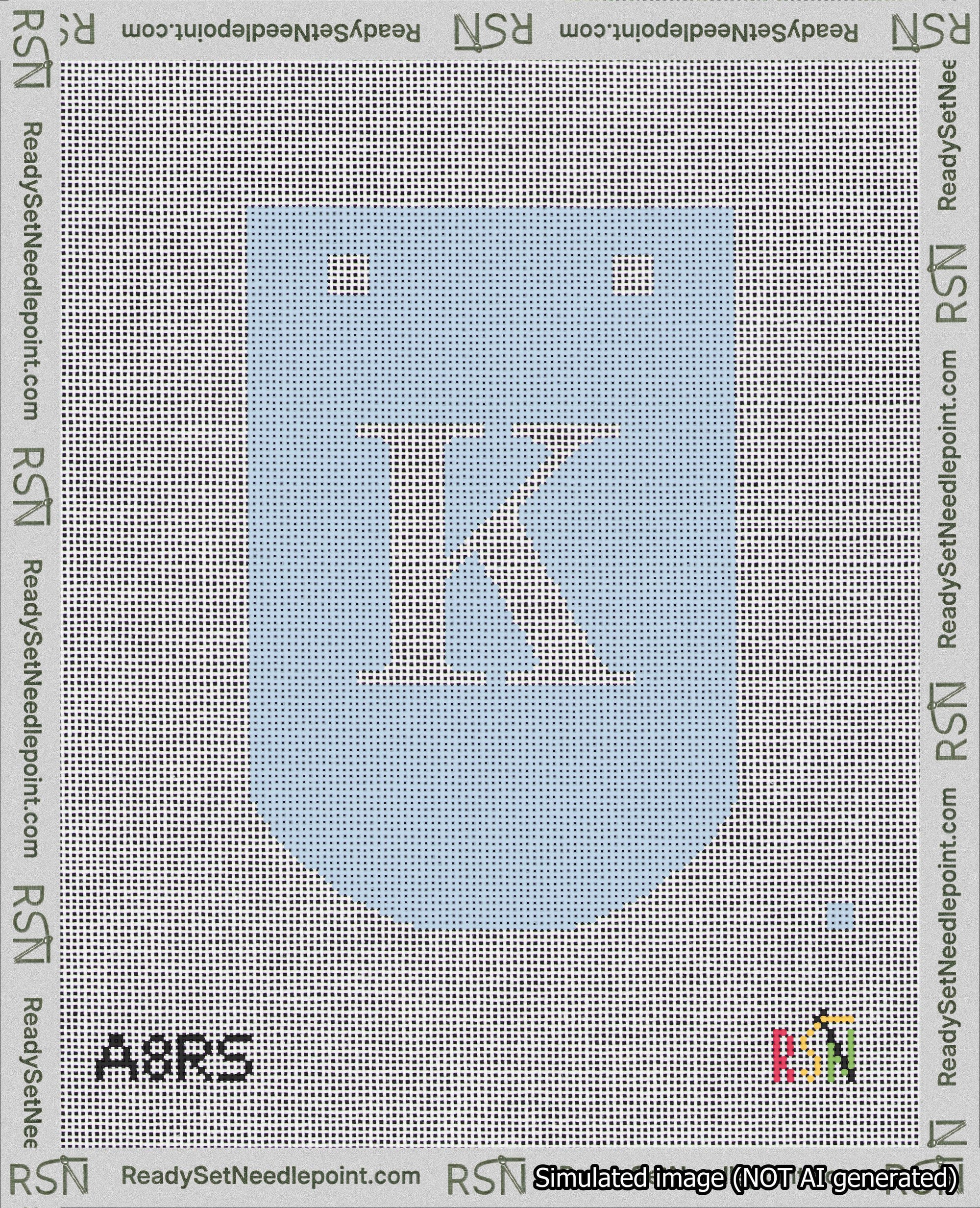 A taped needlepoint canvas with the design: Banner 18 mesh count Curved K White on Light Blue.