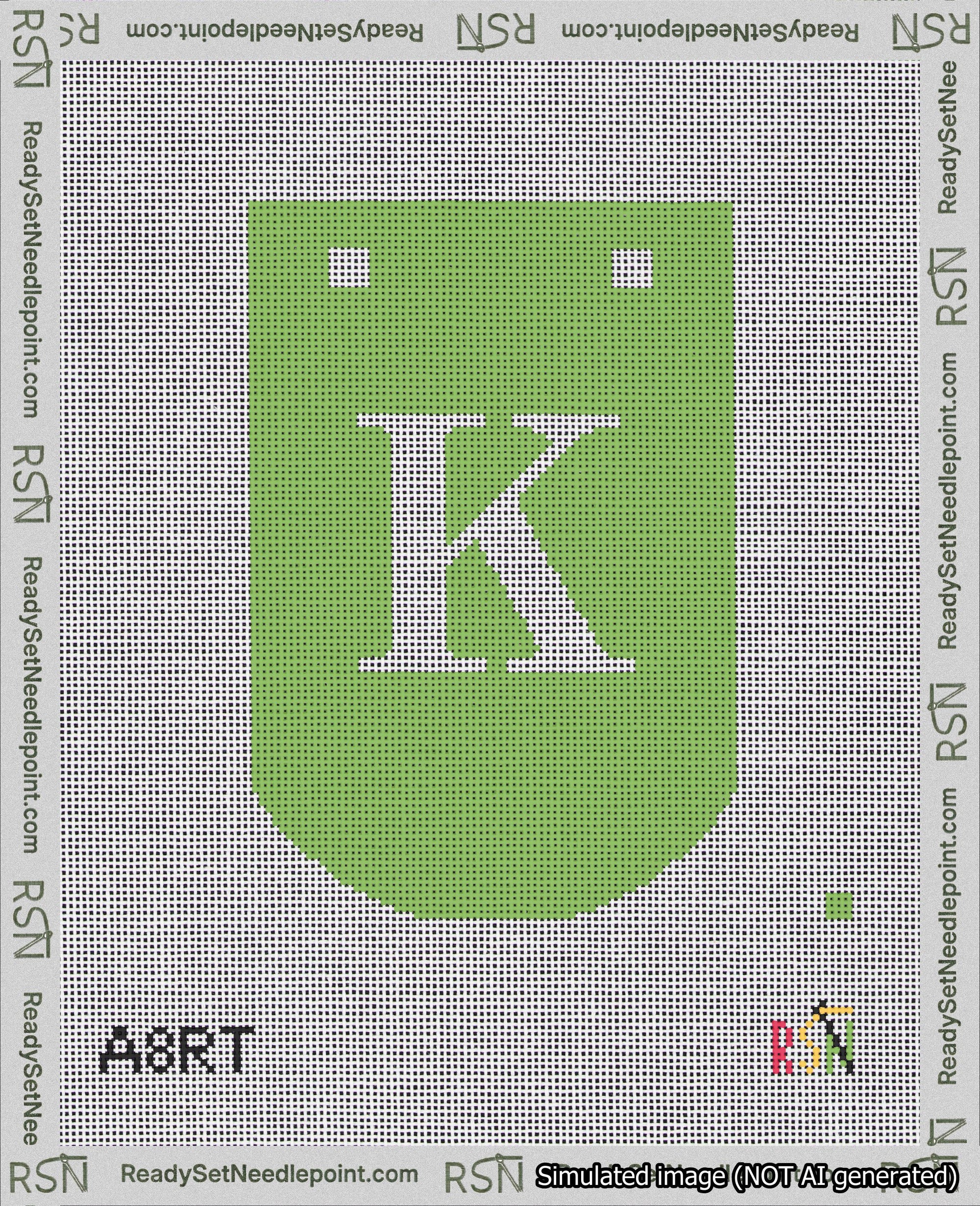 A taped needlepoint canvas with the design: Banner 18 mesh count Curved K White on Light Green.