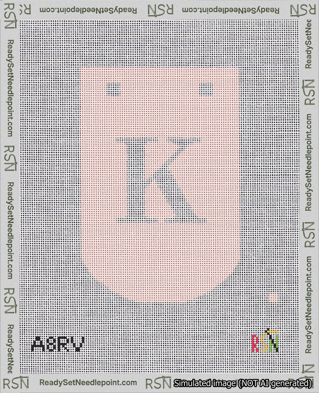 A taped needlepoint canvas with the design: Banner 18 mesh count Curved K White on Pink.