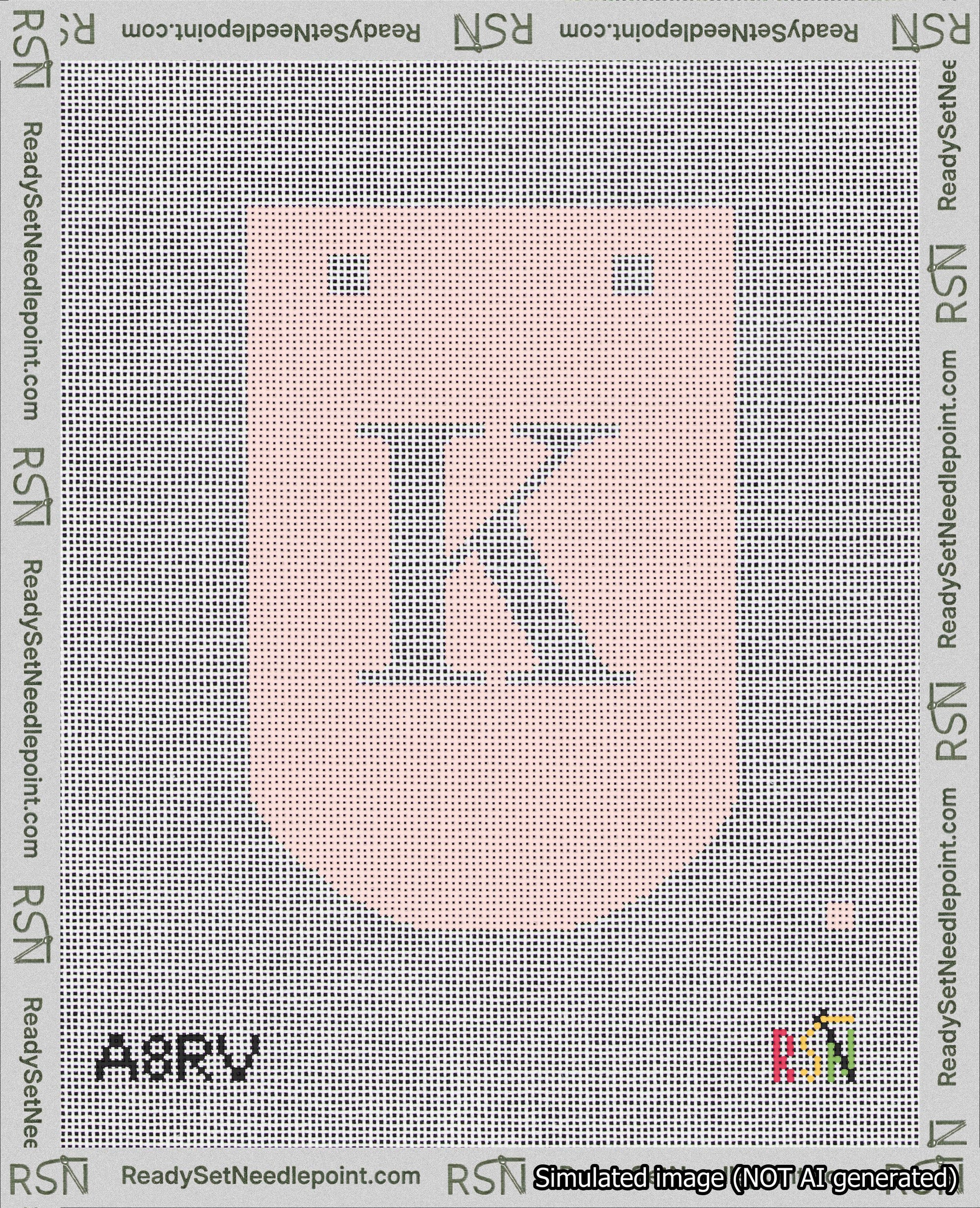 A taped needlepoint canvas with the design: Banner 18 mesh count Curved K White on Pink.