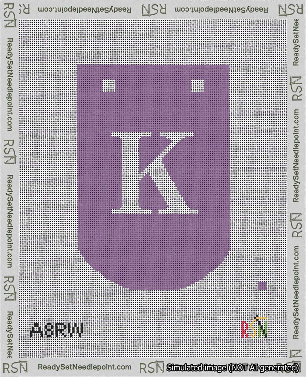 A taped needlepoint canvas with the design: Banner 18 mesh count Curved K White on Purple.