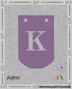 A taped needlepoint canvas with the design: Banner 18 mesh count Curved K White on Purple.