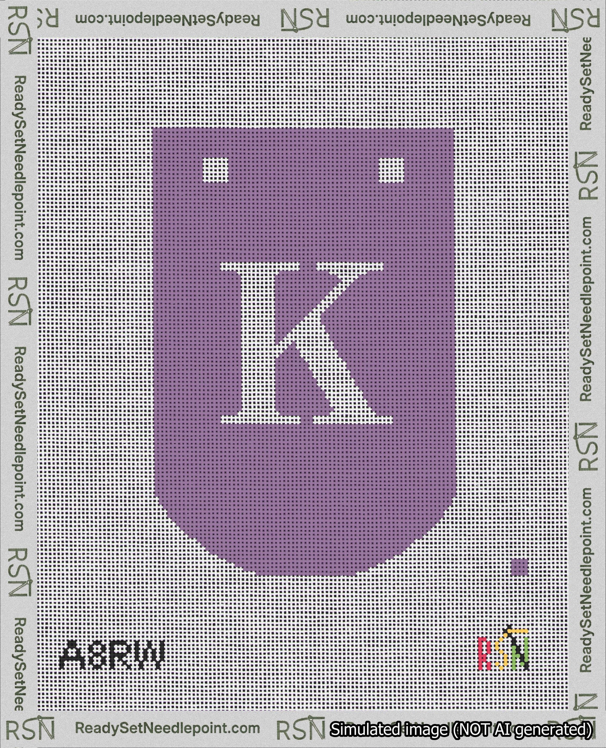 A taped needlepoint canvas with the design: Banner 18 mesh count Curved K White on Purple.