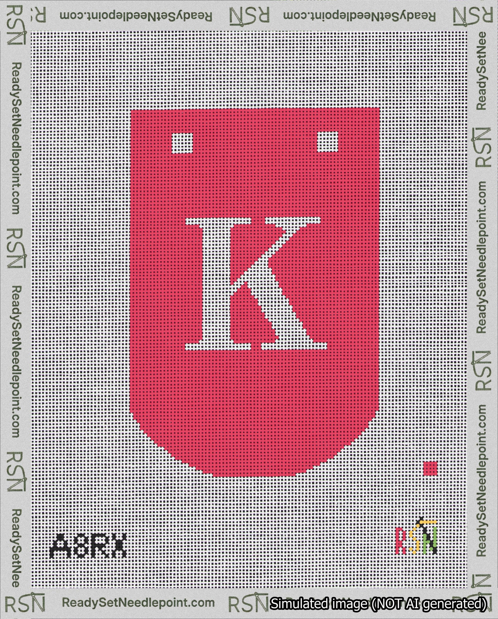 A taped needlepoint canvas with the design: Banner 18 mesh count Curved K White on Red.