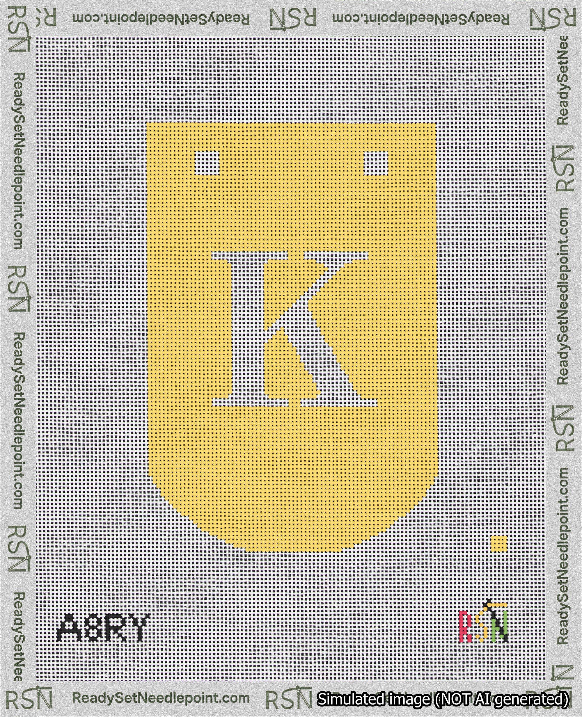 A taped needlepoint canvas with the design: Banner 18 mesh count Curved K White on Yellow.
