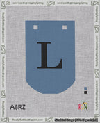 A taped needlepoint canvas with the design: Banner 18 mesh count Curved L Black on Blue.