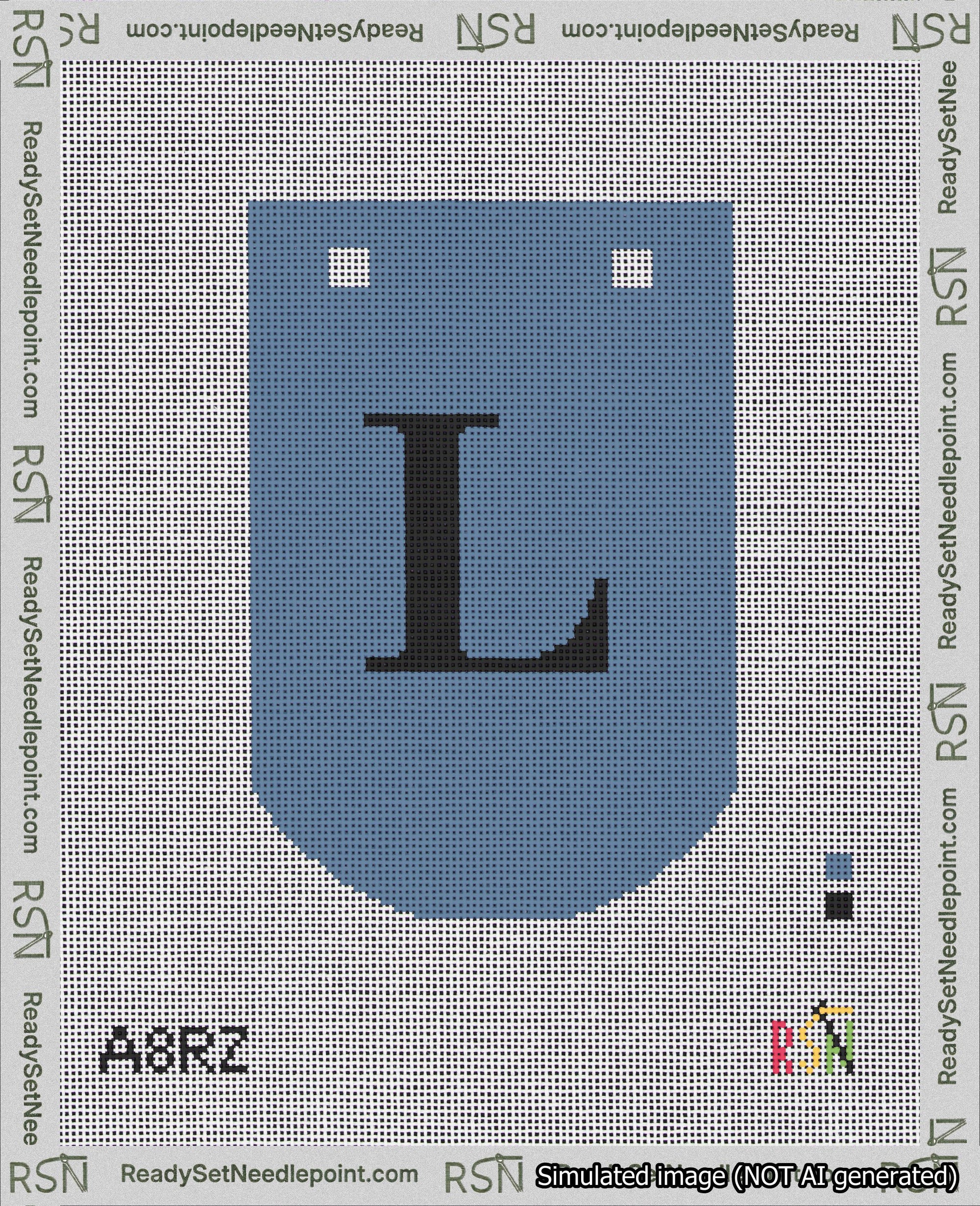 A taped needlepoint canvas with the design: Banner 18 mesh count Curved L Black on Blue.