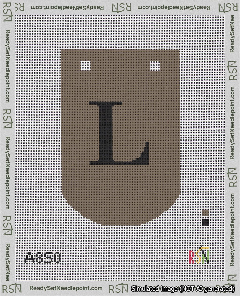A taped needlepoint canvas with the design: Banner 18 mesh count Curved L Black on Brown.