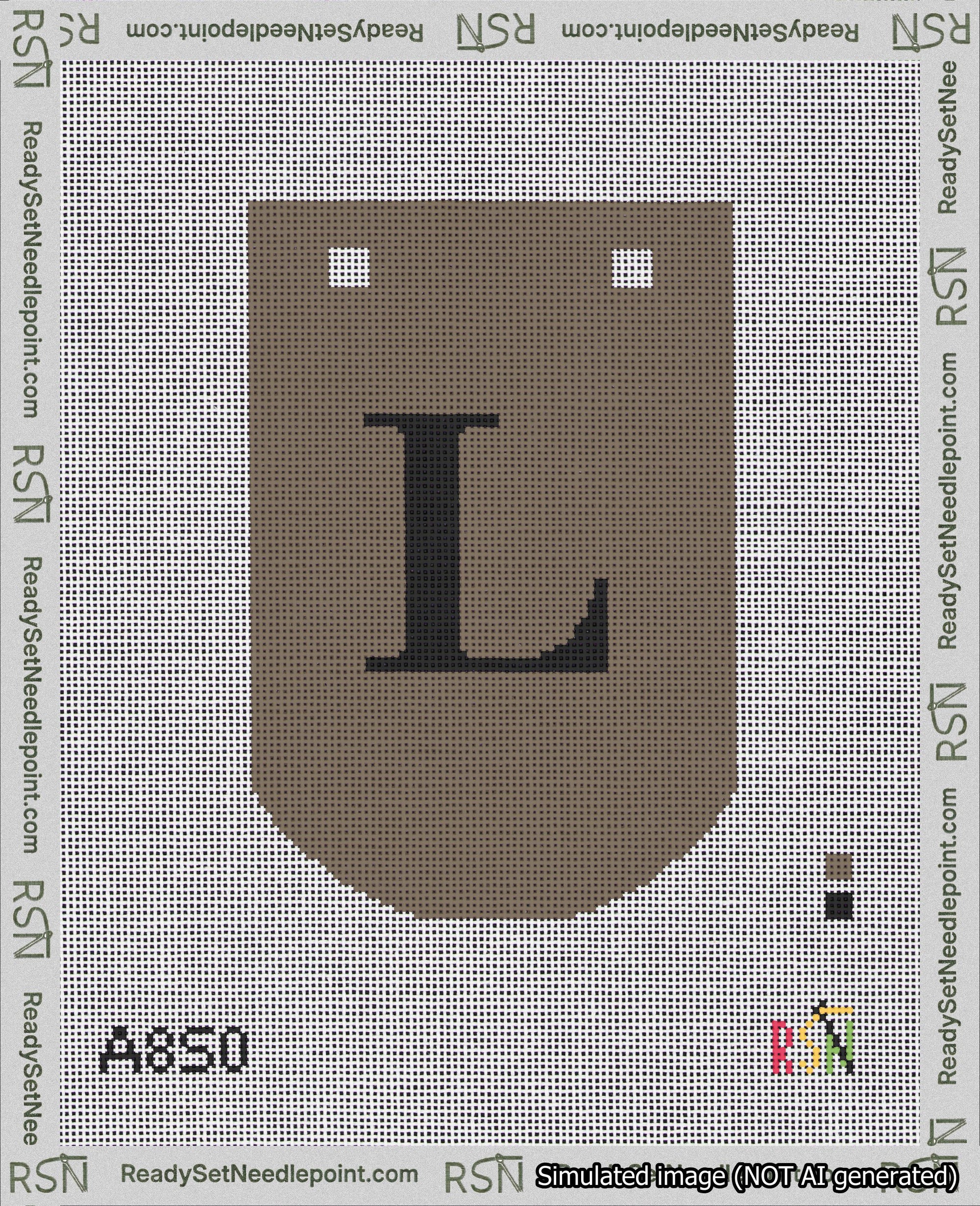A taped needlepoint canvas with the design: Banner 18 mesh count Curved L Black on Brown.
