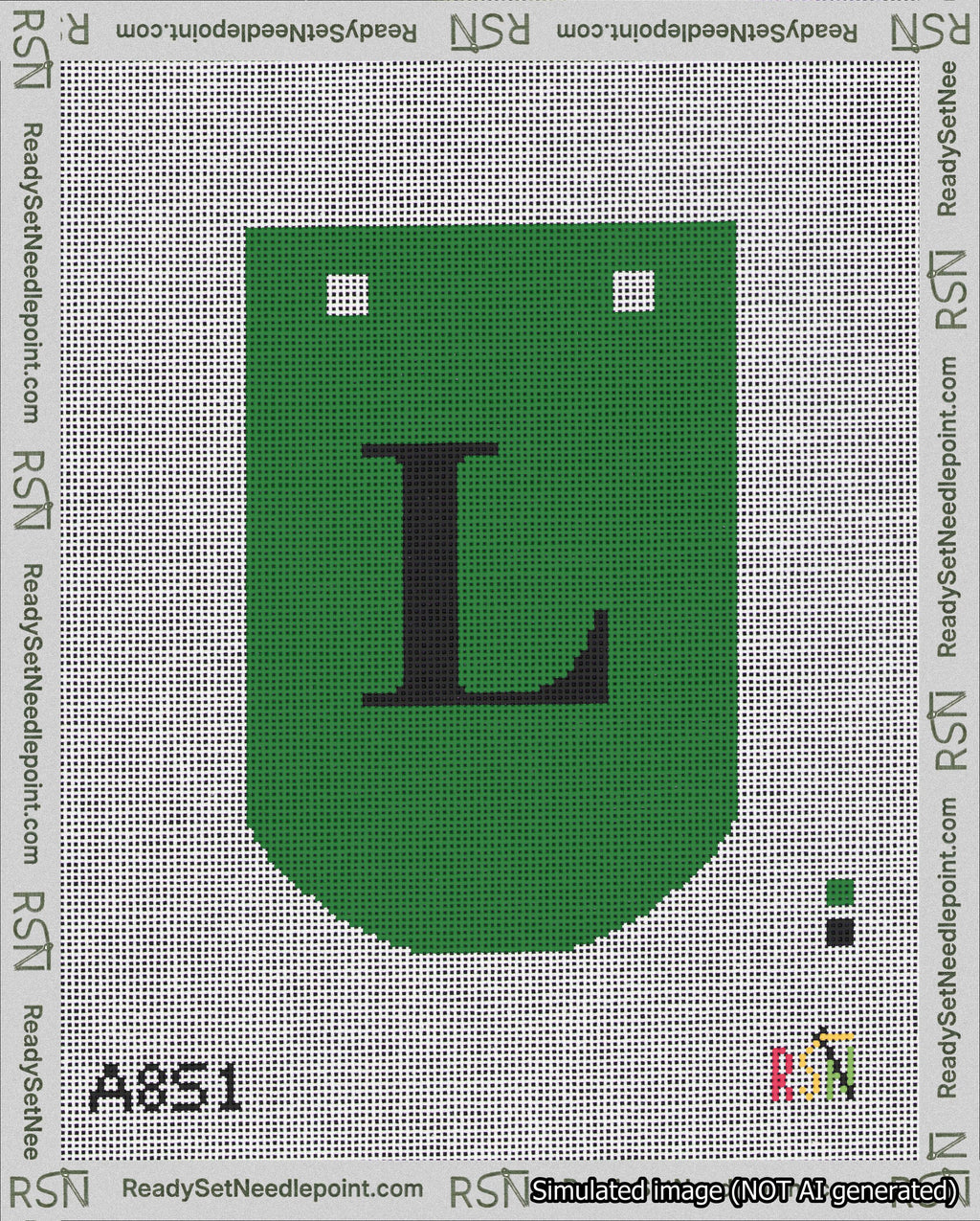 A taped needlepoint canvas with the design: Banner 18 mesh count Curved L Black on Green.