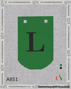 A taped needlepoint canvas with the design: Banner 18 mesh count Curved L Black on Green.
