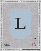 A taped needlepoint canvas with the design: Banner 18 mesh count Curved L Black on Light Blue.