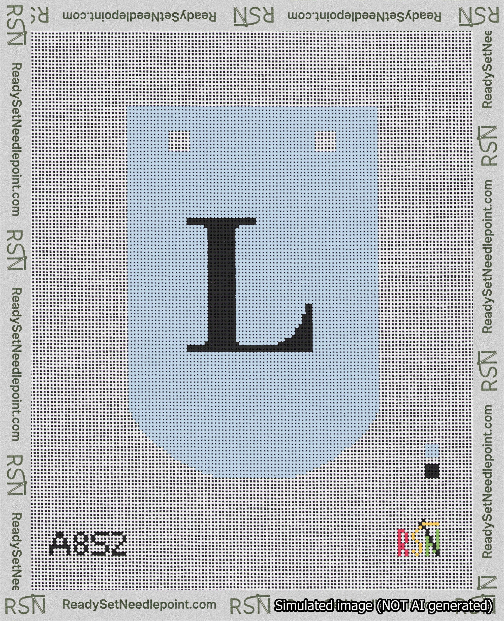 A taped needlepoint canvas with the design: Banner 18 mesh count Curved L Black on Light Blue.