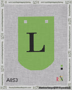 A taped needlepoint canvas with the design: Banner 18 mesh count Curved L Black on Light Green.