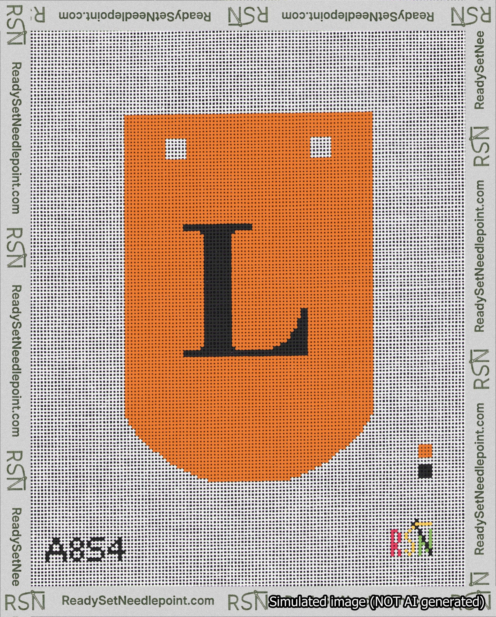 A taped needlepoint canvas with the design: Banner 18 mesh count Curved L Black on Orange.