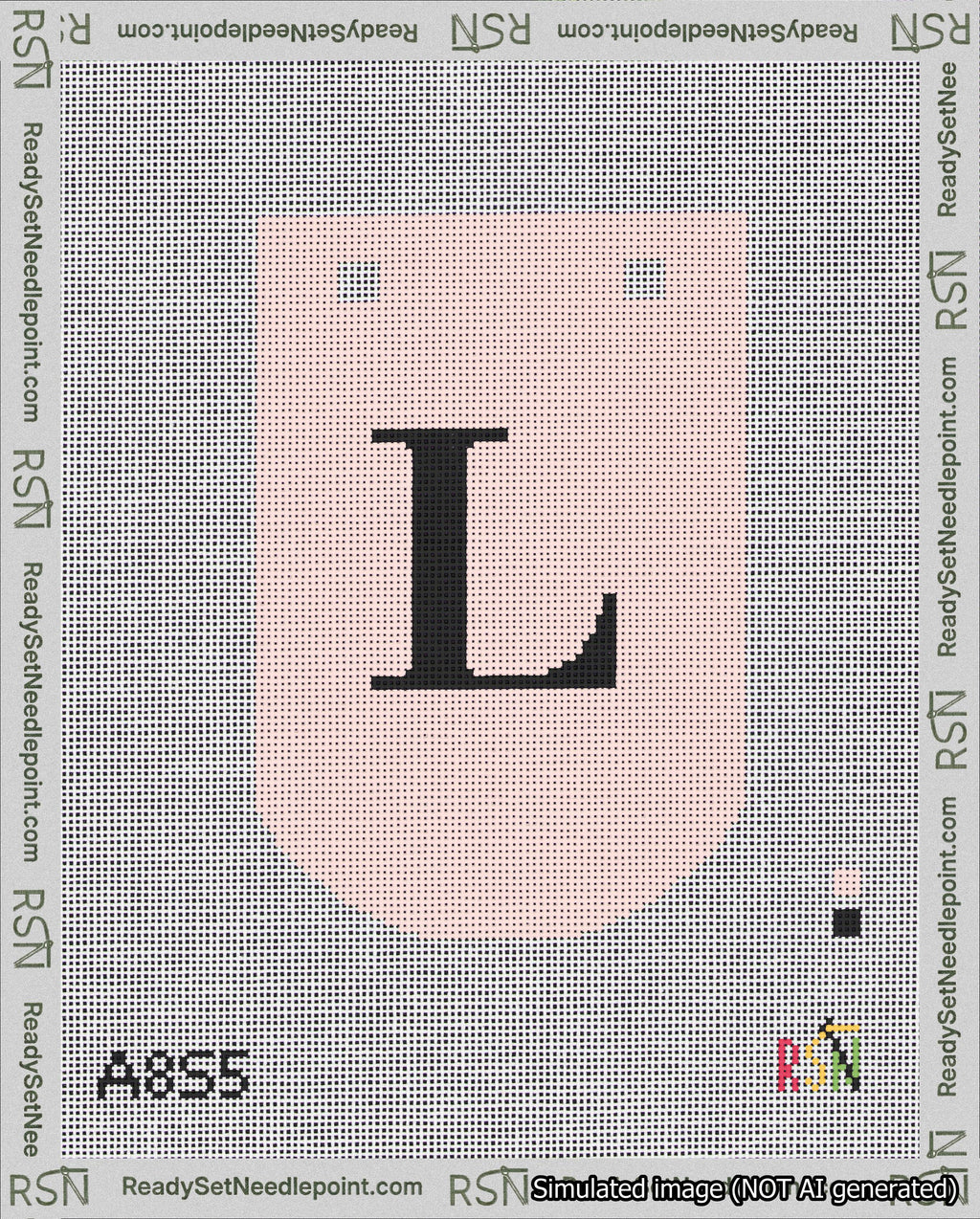 A taped needlepoint canvas with the design: Banner 18 mesh count Curved L Black on Pink.
