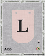 A taped needlepoint canvas with the design: Banner 18 mesh count Curved L Black on Pink.