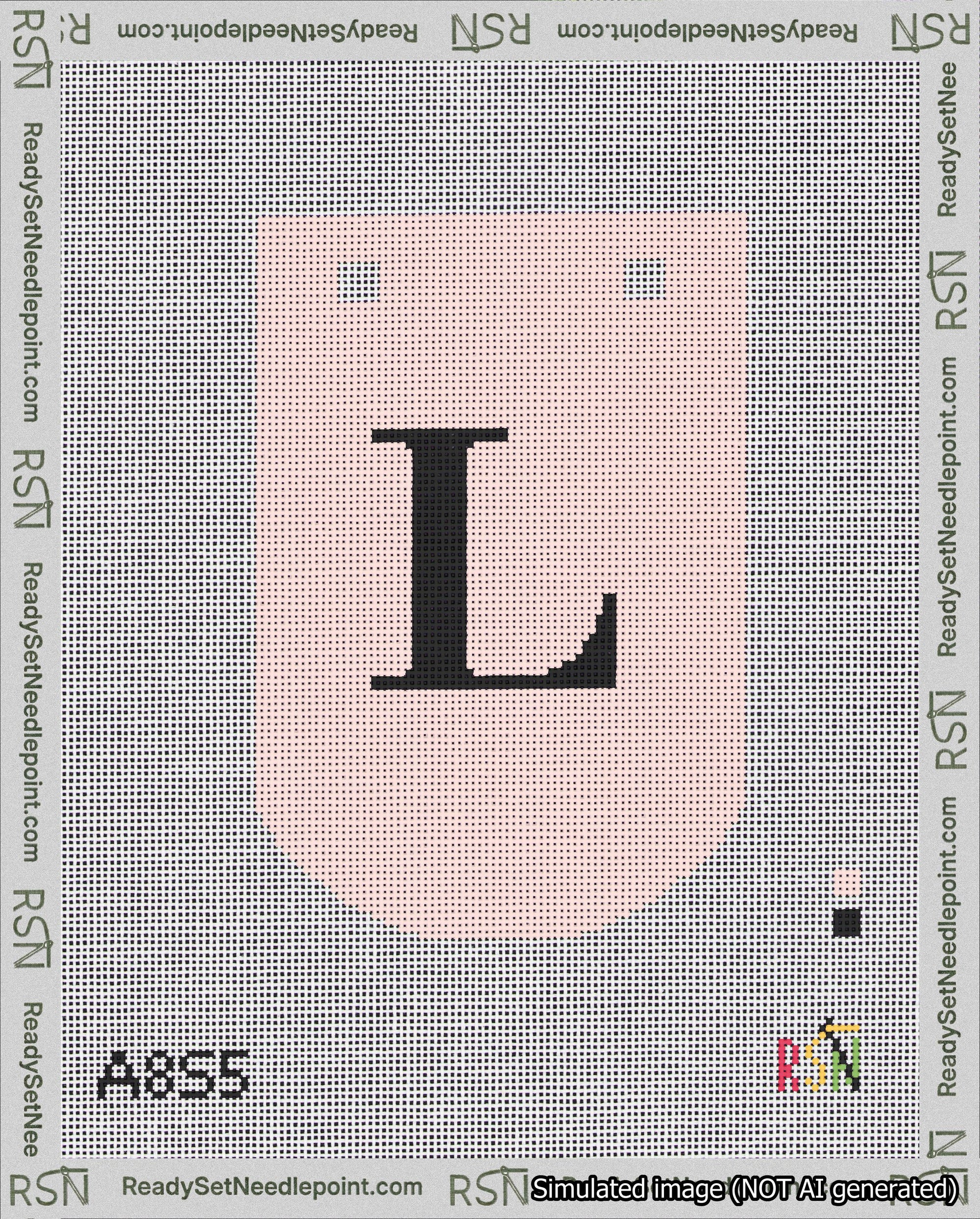 A taped needlepoint canvas with the design: Banner 18 mesh count Curved L Black on Pink.