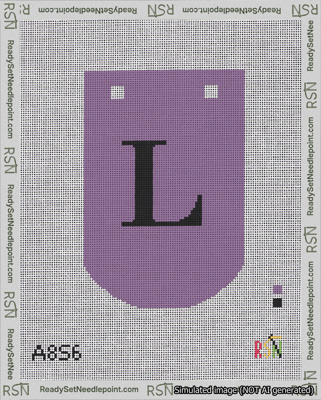 A taped needlepoint canvas with the design: Banner 18 mesh count Curved L Black on Purple.