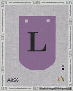 A taped needlepoint canvas with the design: Banner 18 mesh count Curved L Black on Purple.