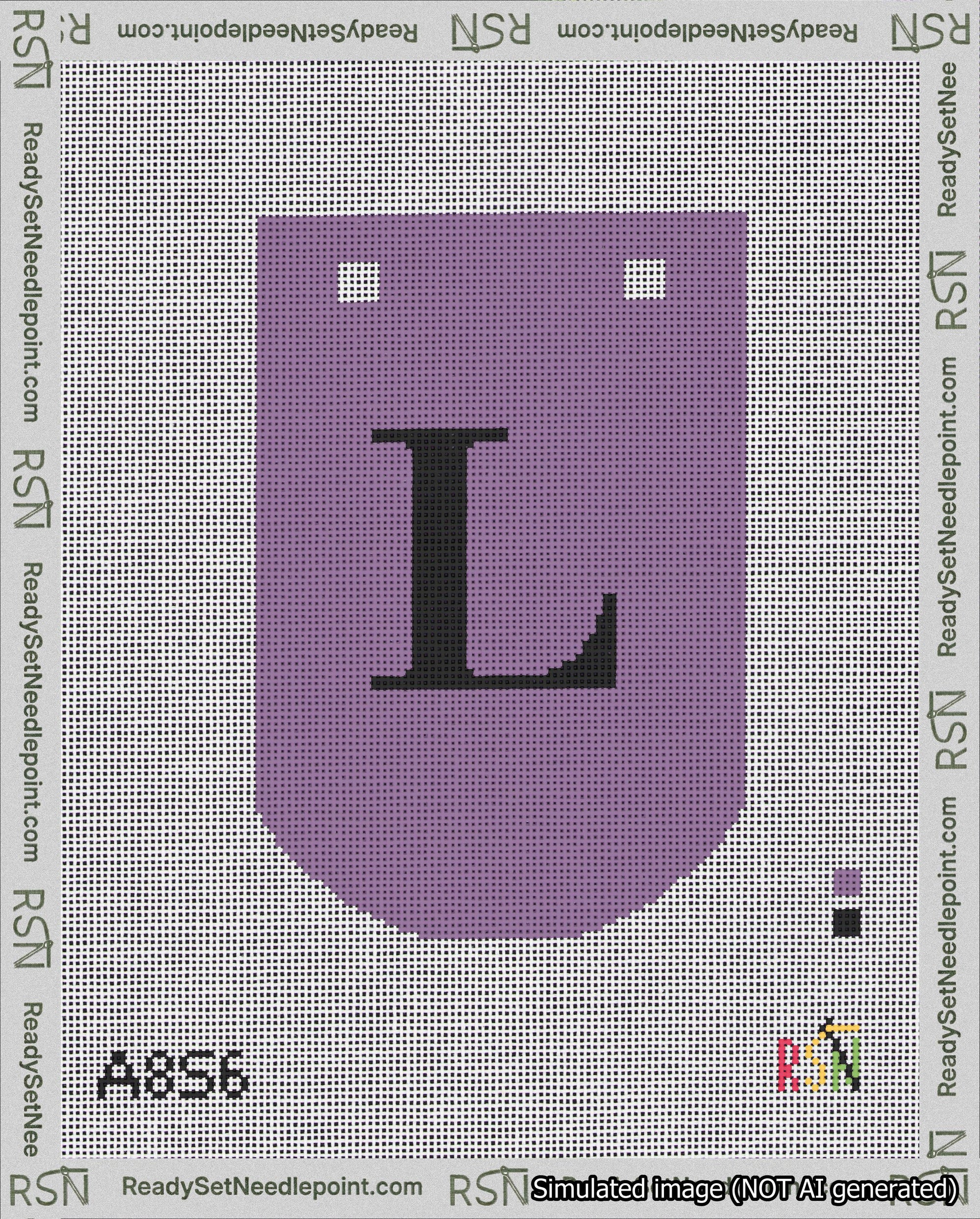 A taped needlepoint canvas with the design: Banner 18 mesh count Curved L Black on Purple.