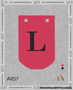 A taped needlepoint canvas with the design: Banner 18 mesh count Curved L Black on Red.