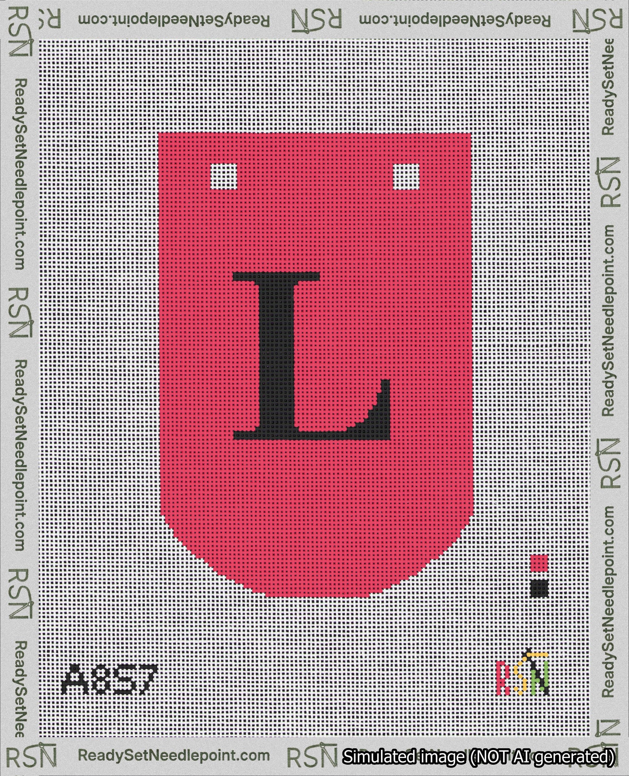A taped needlepoint canvas with the design: Banner 18 mesh count Curved L Black on Red.