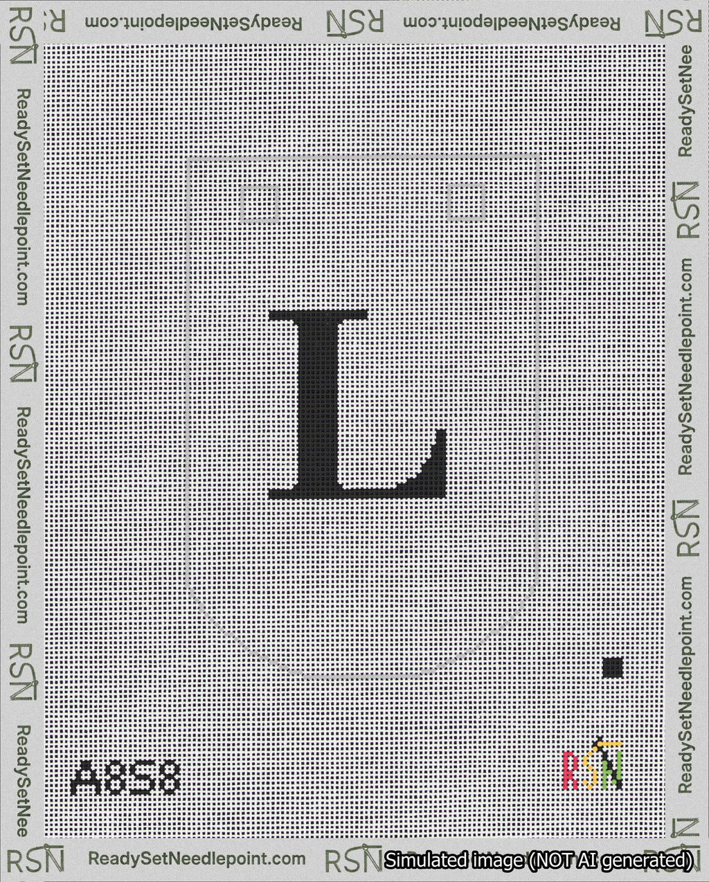 A taped needlepoint canvas with the design: Banner 18 mesh count Curved L Black on White.