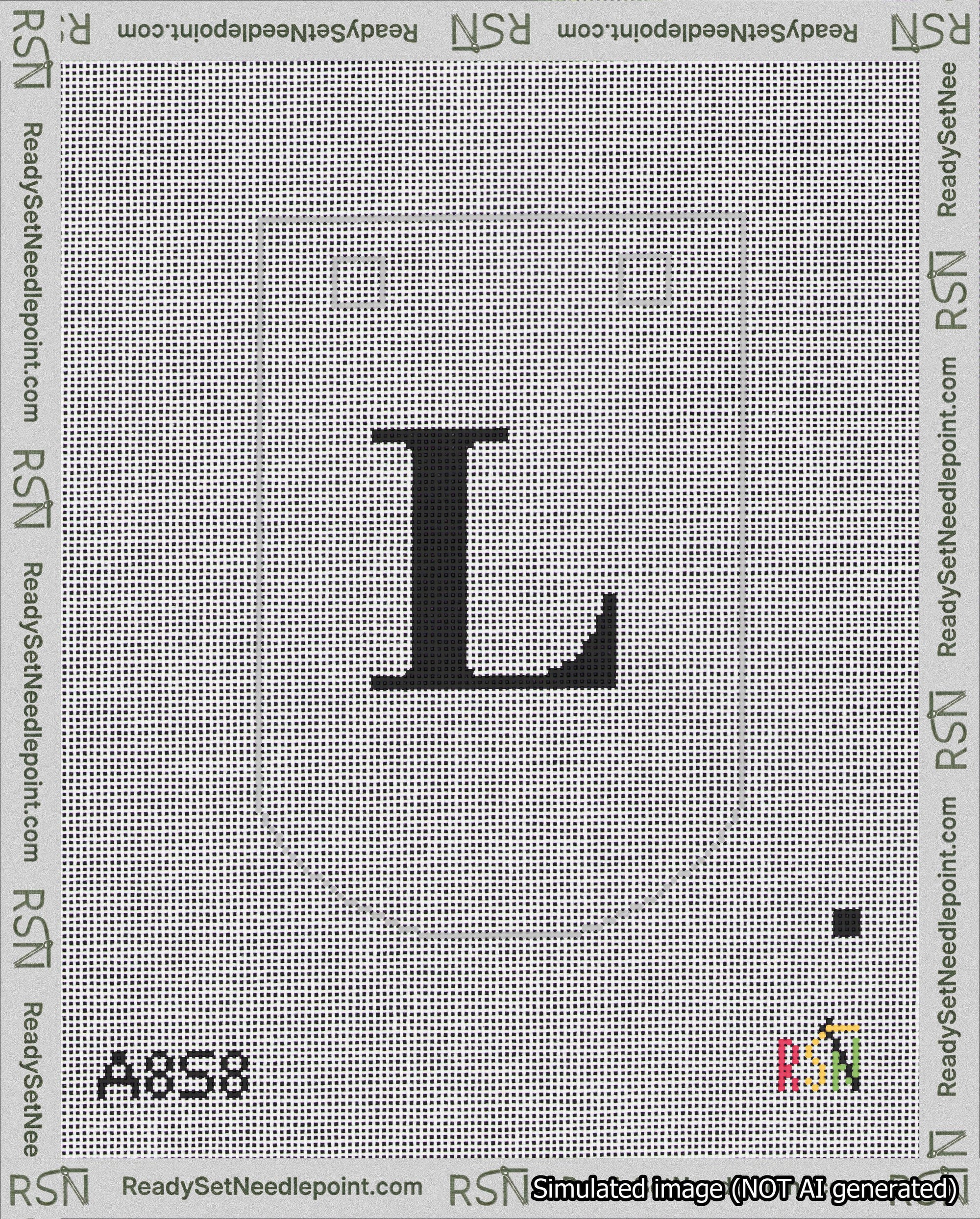 A taped needlepoint canvas with the design: Banner 18 mesh count Curved L Black on White.