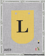 A taped needlepoint canvas with the design: Banner 18 mesh count Curved L Black on Yellow.