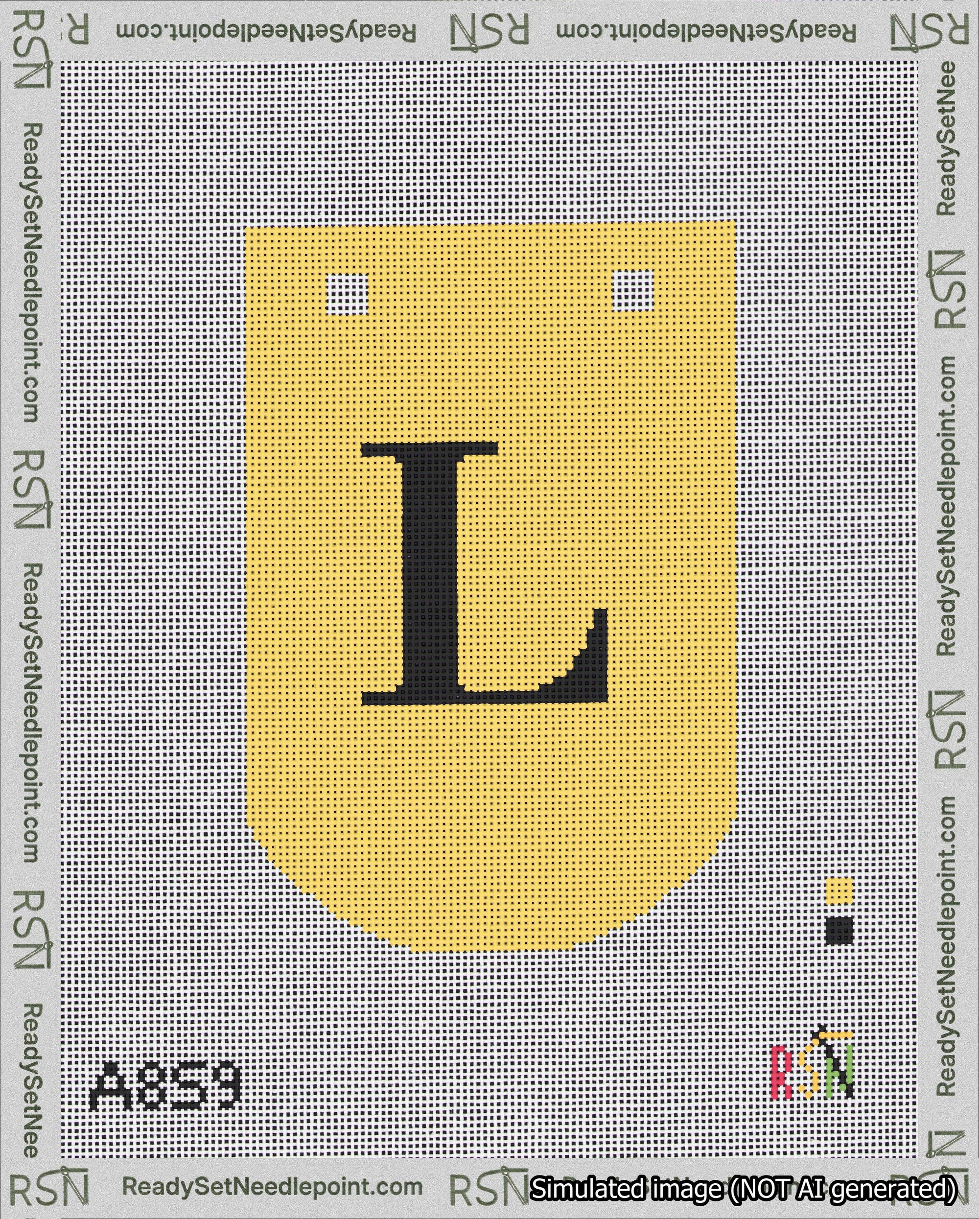 A taped needlepoint canvas with the design: Banner 18 mesh count Curved L Black on Yellow.