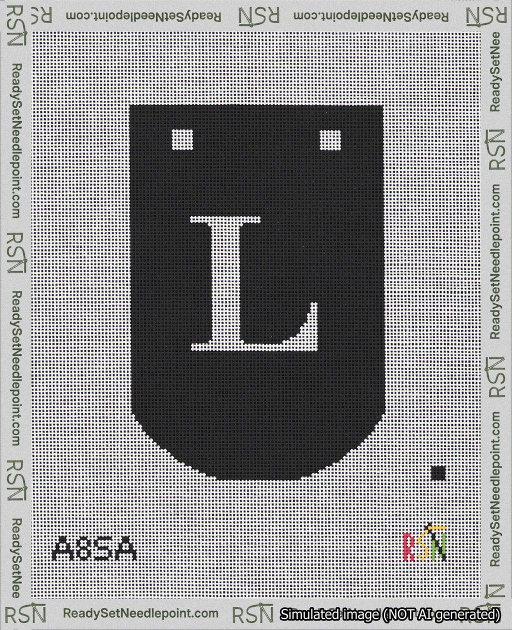 A taped needlepoint canvas with the design: Banner 18 mesh count Curved L White on Black.