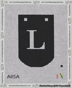 A taped needlepoint canvas with the design: Banner 18 mesh count Curved L White on Black.