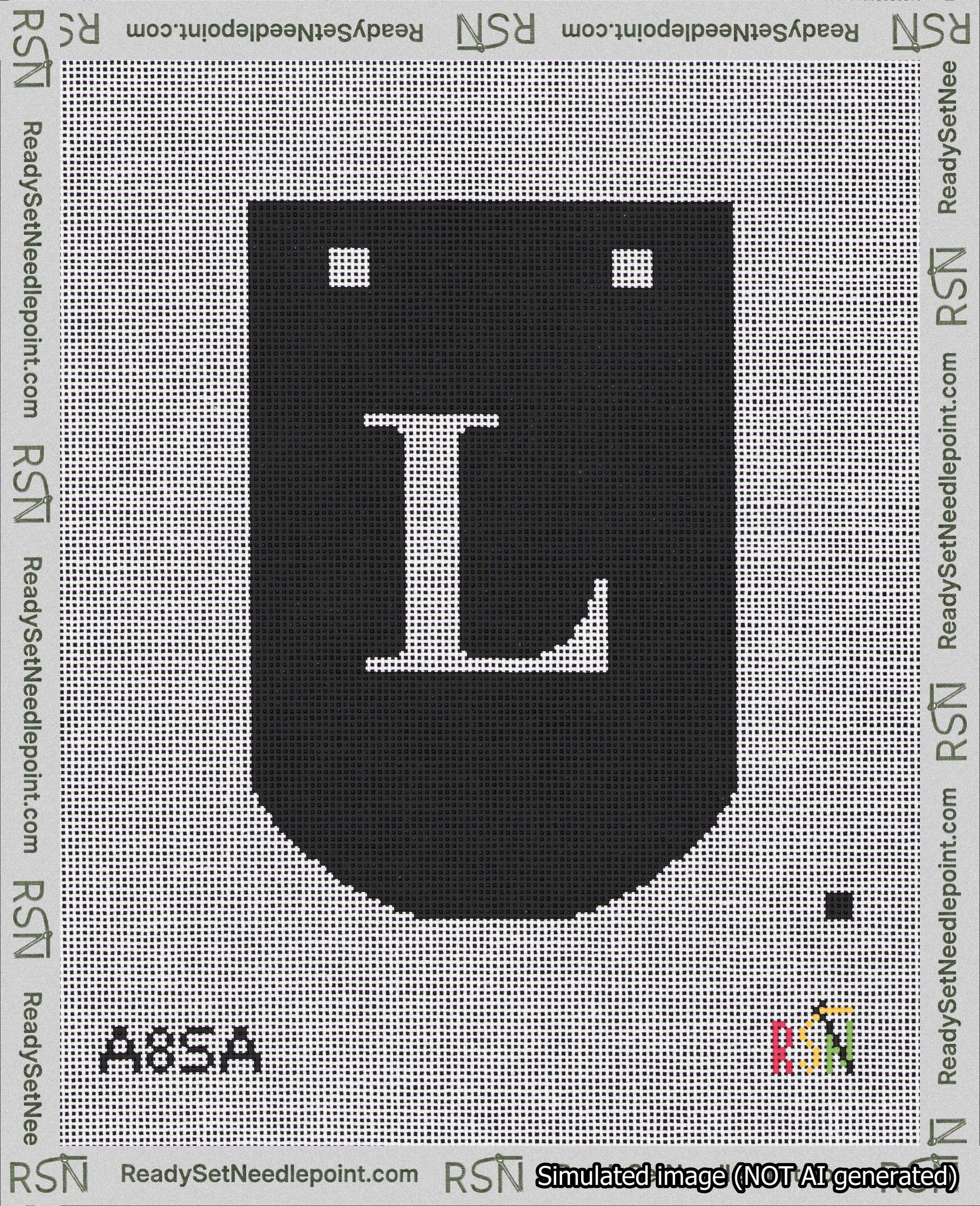 A taped needlepoint canvas with the design: Banner 18 mesh count Curved L White on Black.