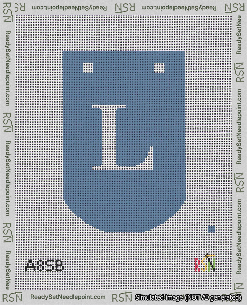 A taped needlepoint canvas with the design: Banner 18 mesh count Curved L White on Blue.