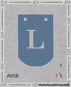 A taped needlepoint canvas with the design: Banner 18 mesh count Curved L White on Blue.