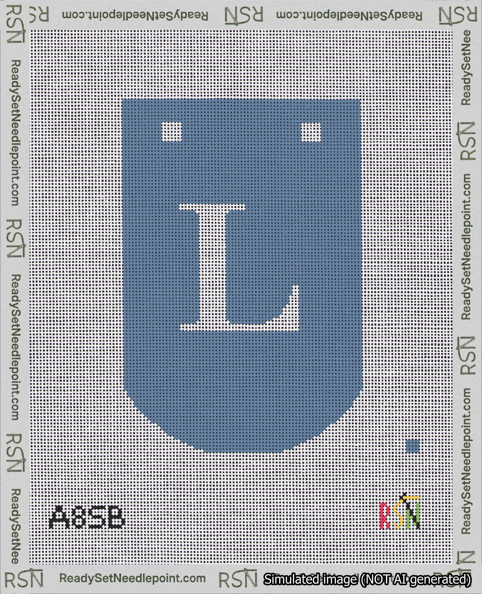 A taped needlepoint canvas with the design: Banner 18 mesh count Curved L White on Blue.