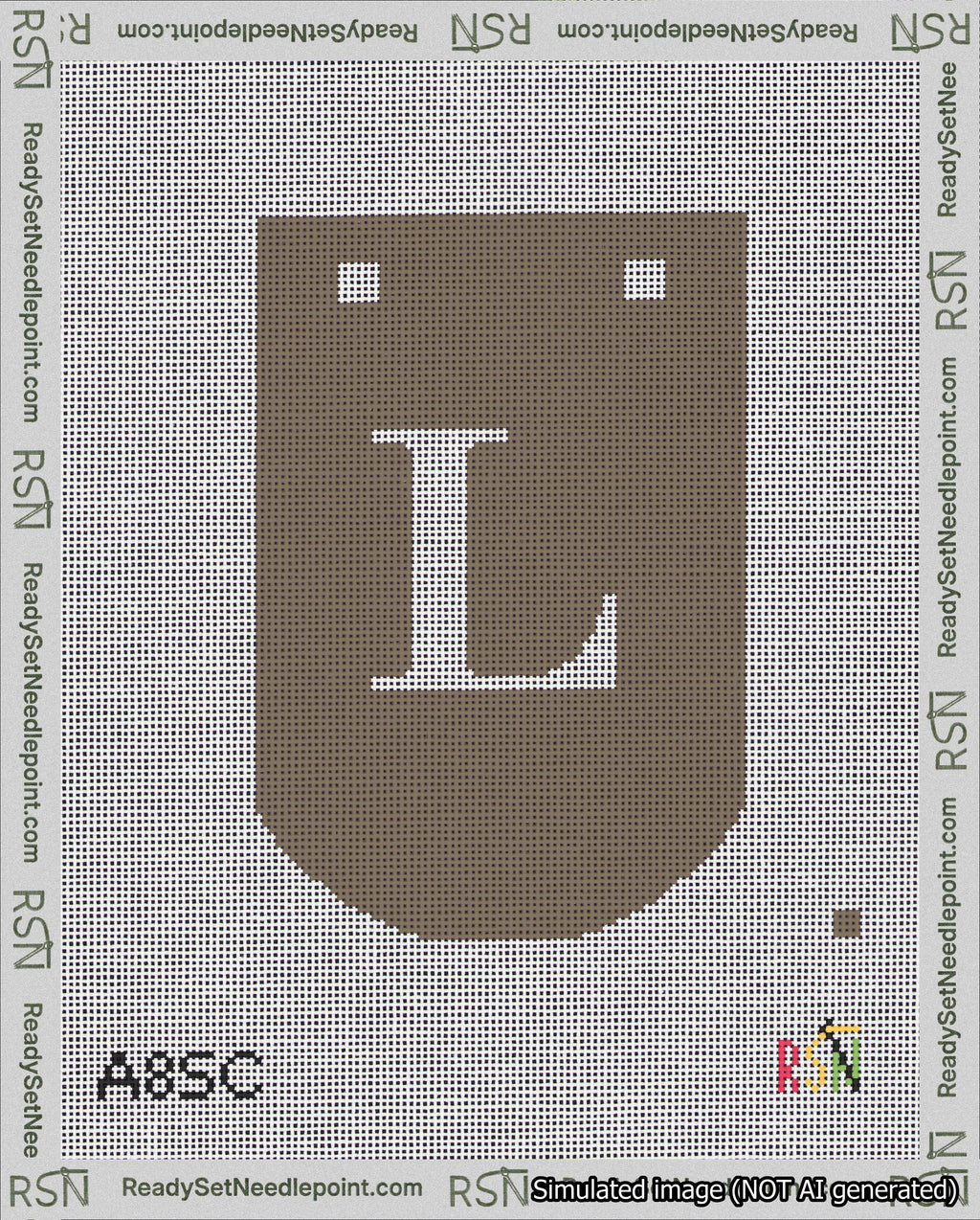 A taped needlepoint canvas with the design: Banner 18 mesh count Curved L White on Brown.