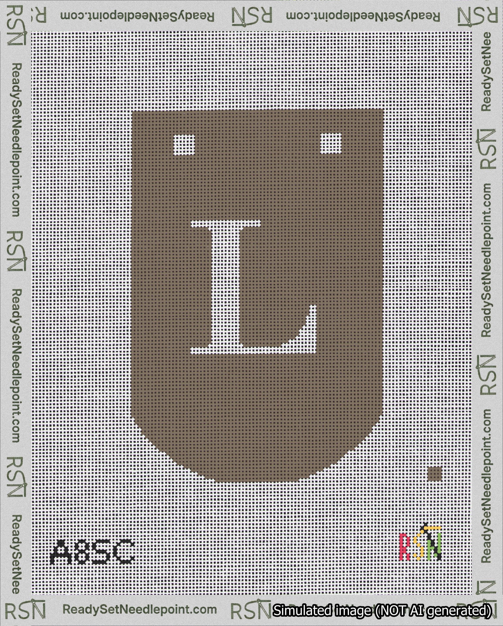 A taped needlepoint canvas with the design: Banner 18 mesh count Curved L White on Brown.