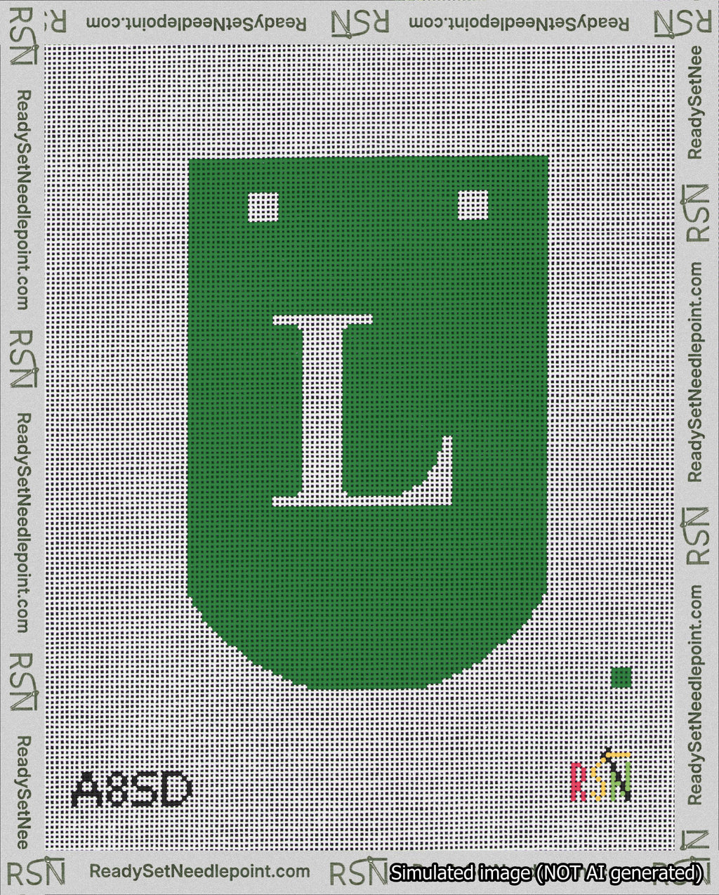 A taped needlepoint canvas with the design: Banner 18 mesh count Curved L White on Green.