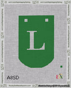 A taped needlepoint canvas with the design: Banner 18 mesh count Curved L White on Green.