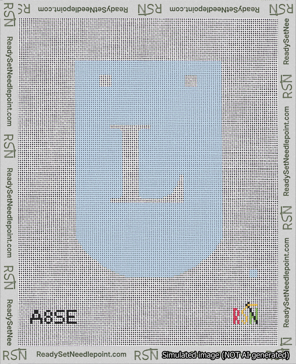 A taped needlepoint canvas with the design: Banner 18 mesh count Curved L White on Light Blue.