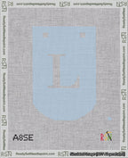 A taped needlepoint canvas with the design: Banner 18 mesh count Curved L White on Light Blue.