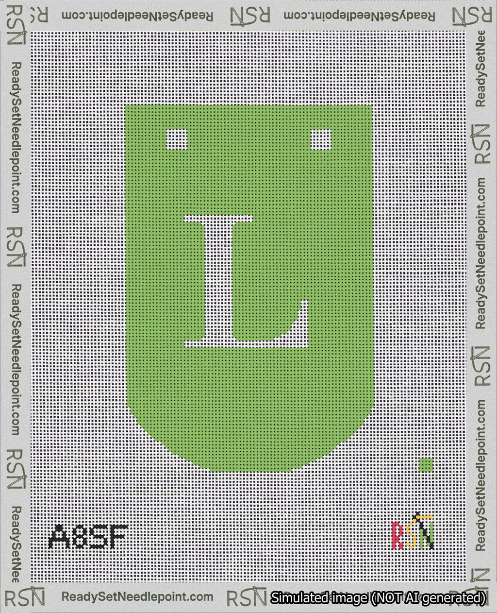 A taped needlepoint canvas with the design: Banner 18 mesh count Curved L White on Light Green.