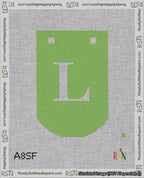 A taped needlepoint canvas with the design: Banner 18 mesh count Curved L White on Light Green.