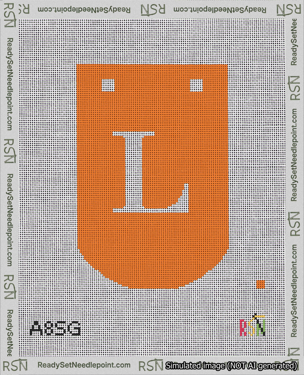 A taped needlepoint canvas with the design: Banner 18 mesh count Curved L White on Orange.