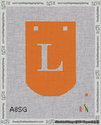 A taped needlepoint canvas with the design: Banner 18 mesh count Curved L White on Orange.