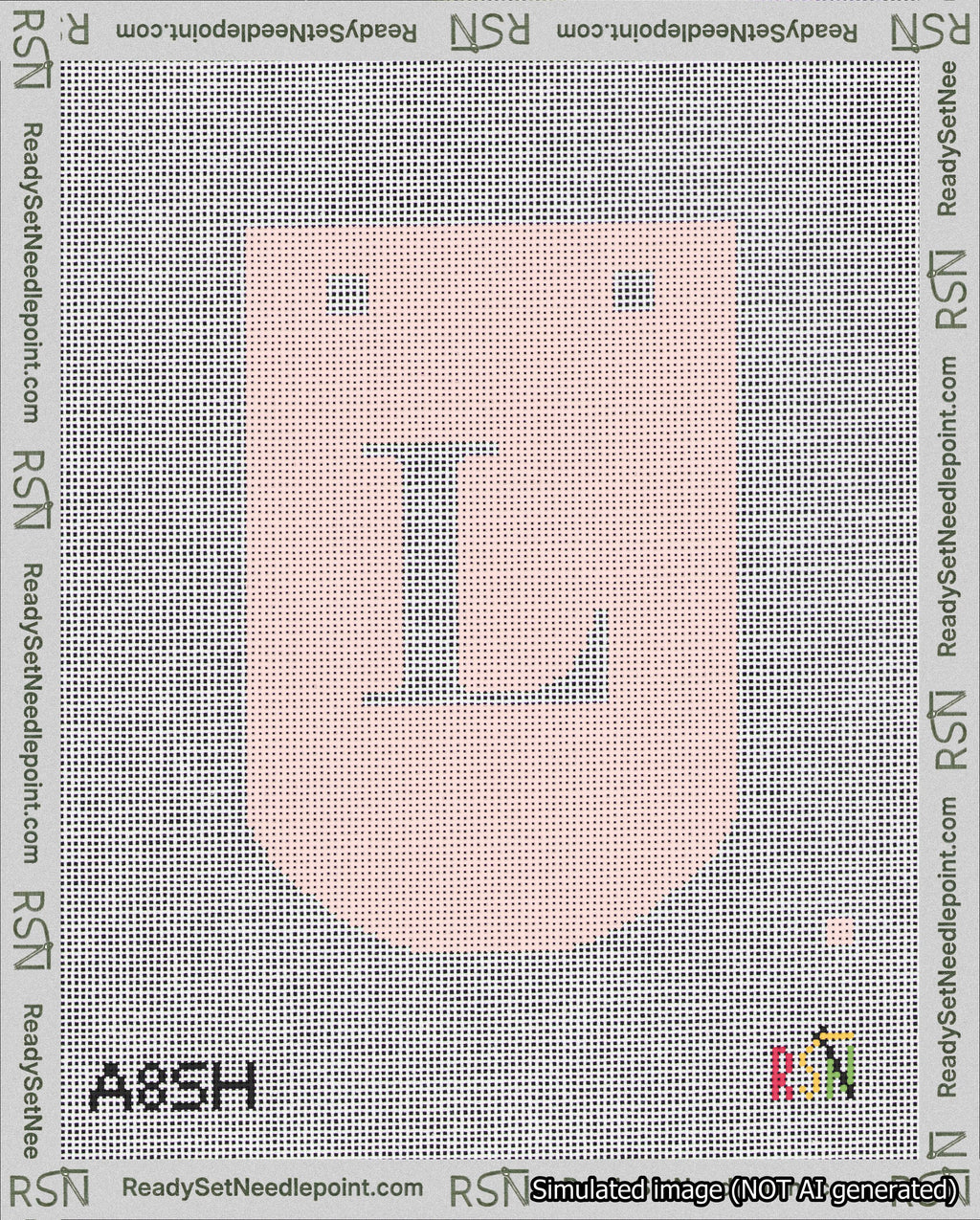 A taped needlepoint canvas with the design: Banner 18 mesh count Curved L White on Pink.